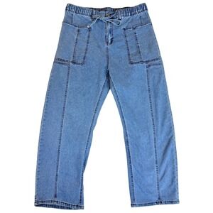 Unbranded Wide Leg Denim Pants Women L Blue Elastic Waist Drawstring Utility
